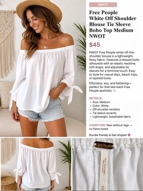 Free People White Off Shoulder Blouse Tie Sleeve Boho Top Medium NWOT